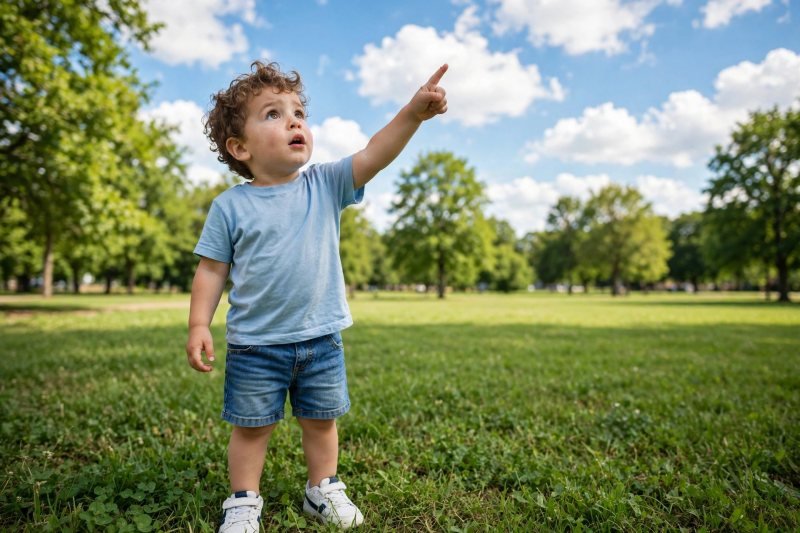 Curious three-year-old boy pointing at fluffy clouds in a bright blue park sky