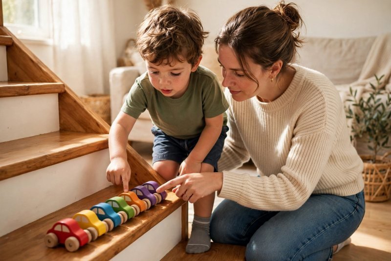 Three-year-old counting colorful wooden toy cars on wooden stairs with his mom