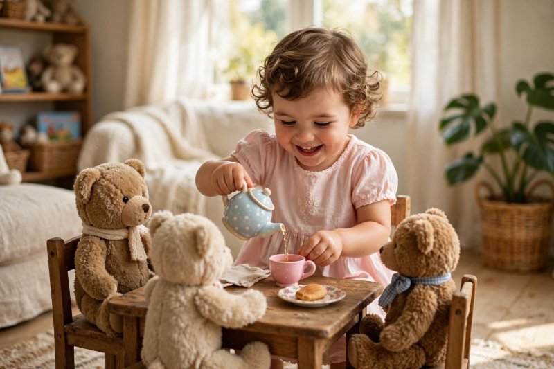 Three-year-old girl hosting an imaginary tea party for teddy bears at a tiny table