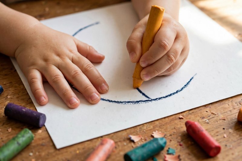Close-up of a three-year-old's hands drawing a circle with a chunky orange crayon