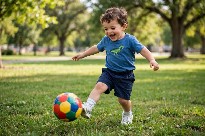 Joyful three-year-old boy kicking a colorful ball across green park grass