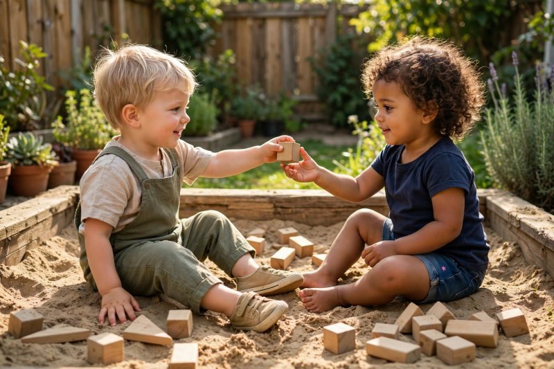 Two three-year-olds sharing wooden blocks and taking turns in a sunny backyard sandbox