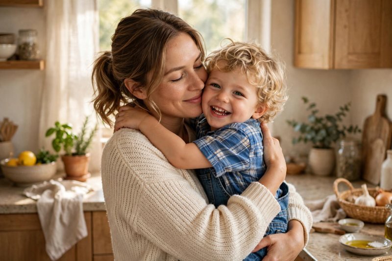 Calm mom sharing a warm hug with her happy three-year-old in a sunlit kitchen