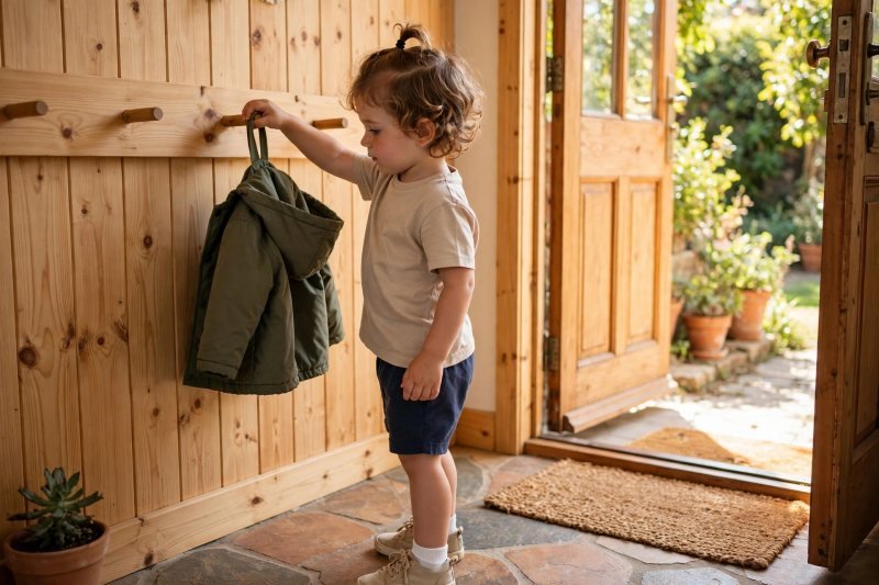Four-year-old hanging her coat on a low peg — a key self-care skill teachers look for before kindergarten