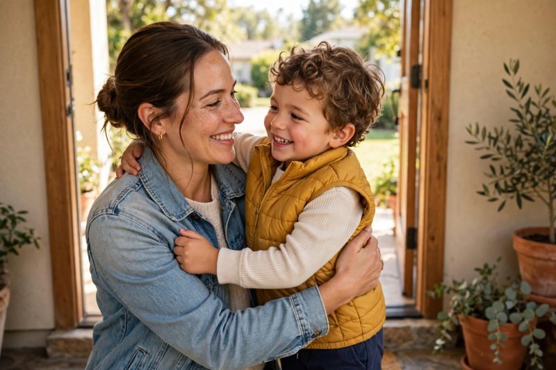 Happy parent and child sharing a goodbye hug at the doorway — handling separation before kindergarten