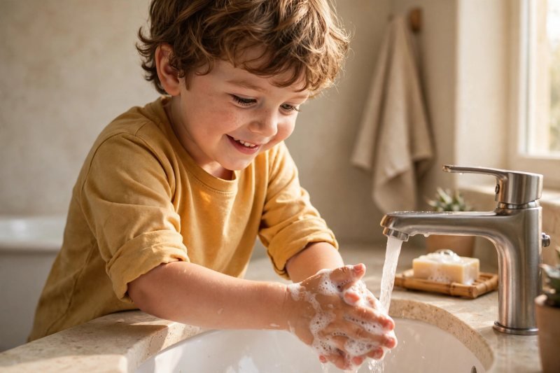 Smiling 4-year-old washing hands with soap at the sink — kindergarten hygiene independence