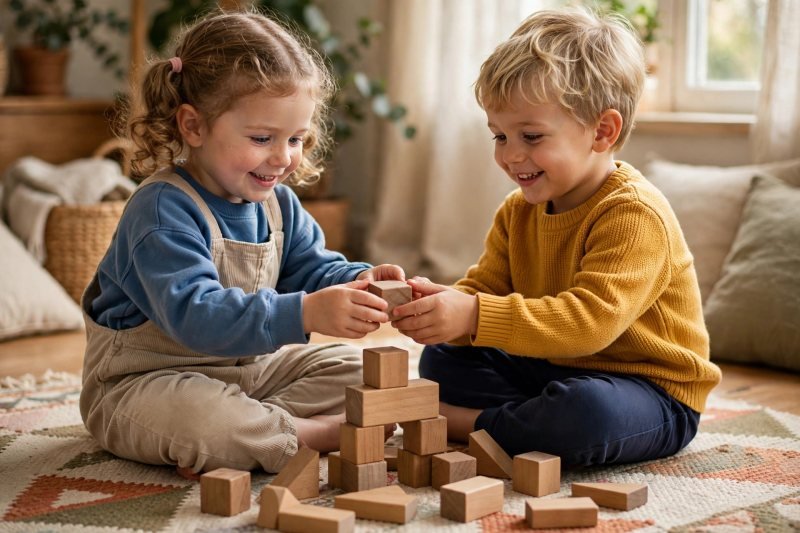 Two 4-year-olds sharing wooden blocks and taking turns — social skills for kindergarten readiness