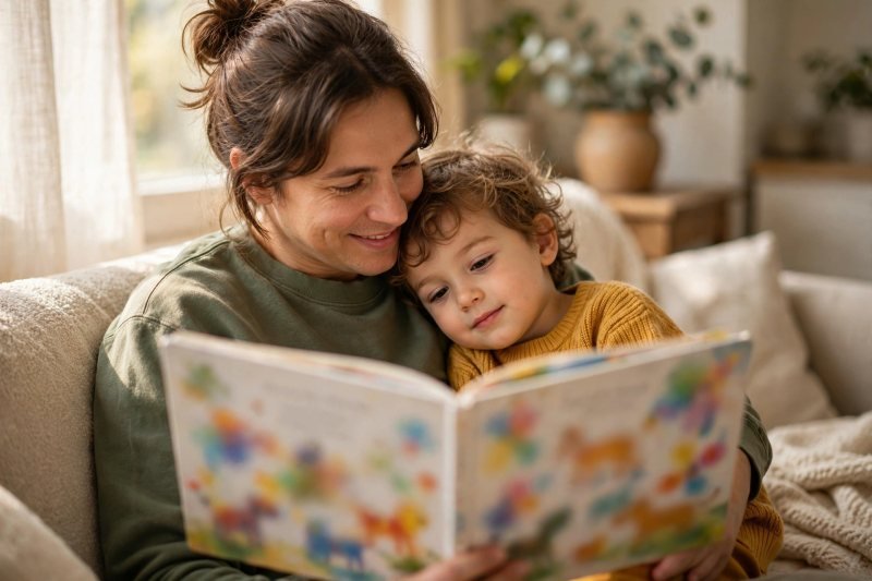 Parent reading a picture book to a snuggled 4-year-old — building language skills before kindergarten