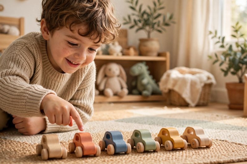 Four-year-old counting a row of wooden toy cars on a rug — early maths foundations teachers expect