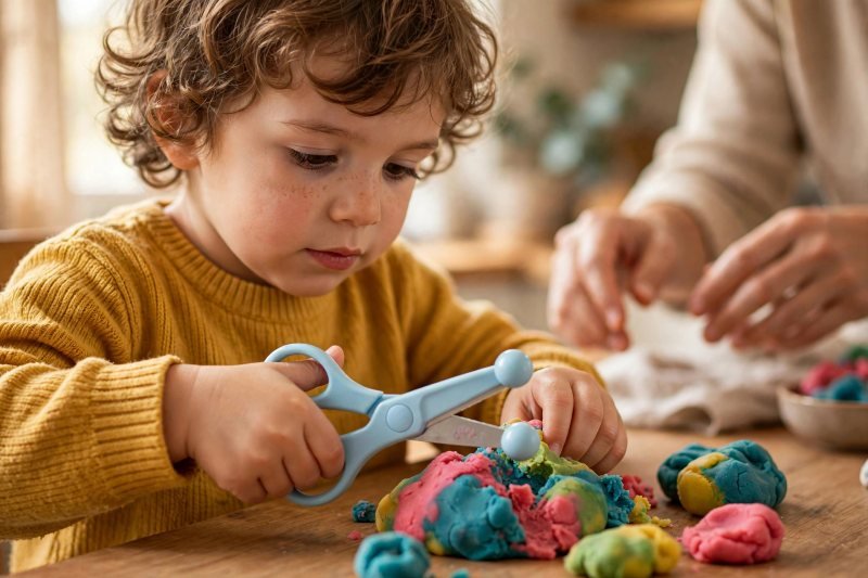 Child cutting playdough with round-tipped child-safe scissors — fine motor skills for kindergarten