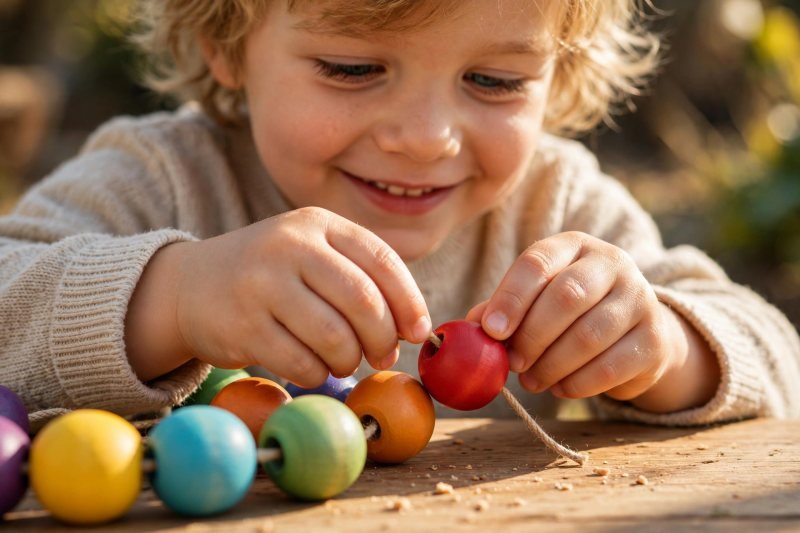 Four-year-old threading large wooden beads onto string — hand-eye coordination for kindergarten prep