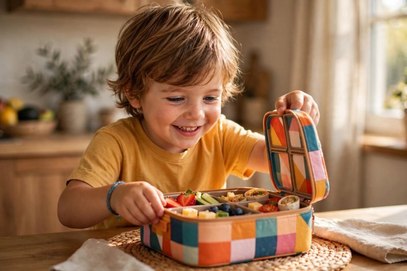 Proud 4-year-old opening his own lunchbox at the kitchen table — kindergarten independence skill