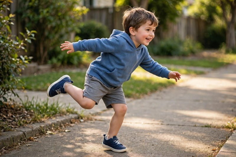Four-year-old boy hopping on one foot on a sunny pavement — gross motor development before kindergarten