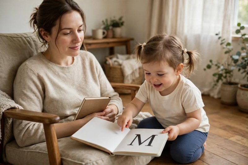 Parent quietly watching toddler point at large letter in picture book