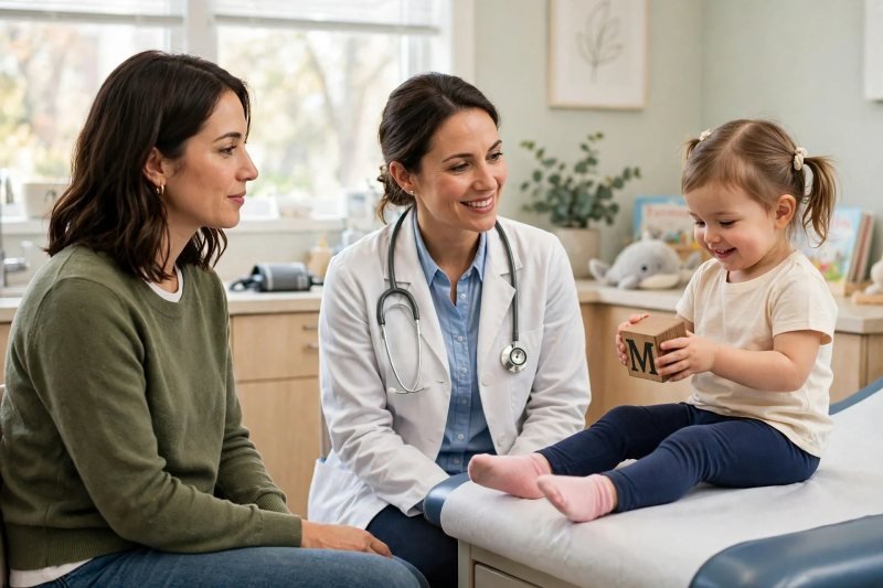 Parent discussing milestones with pediatrician while toddler plays with block