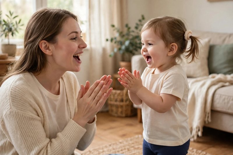 Mother and toddler singing ABC song together while clapping hands