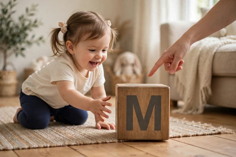 Chunky wooden letter M block placed at toddler's reach on rug