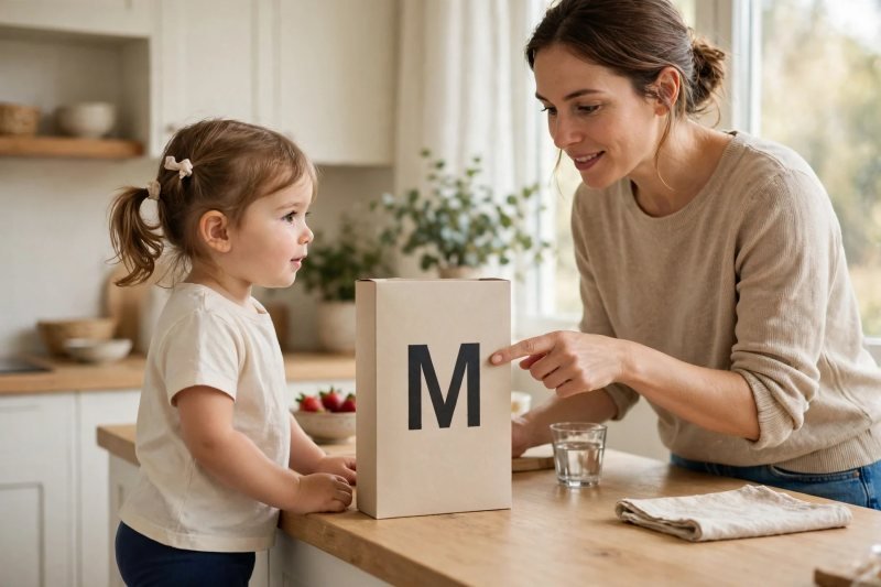 Mother pointing at large single letter on cereal box for toddler