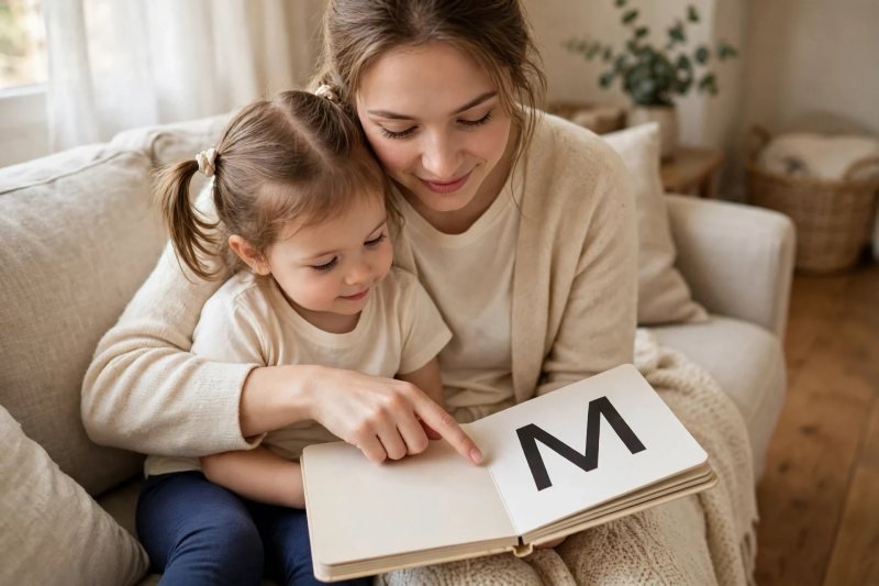 Parent and toddler cuddled reading alphabet board book with large letter