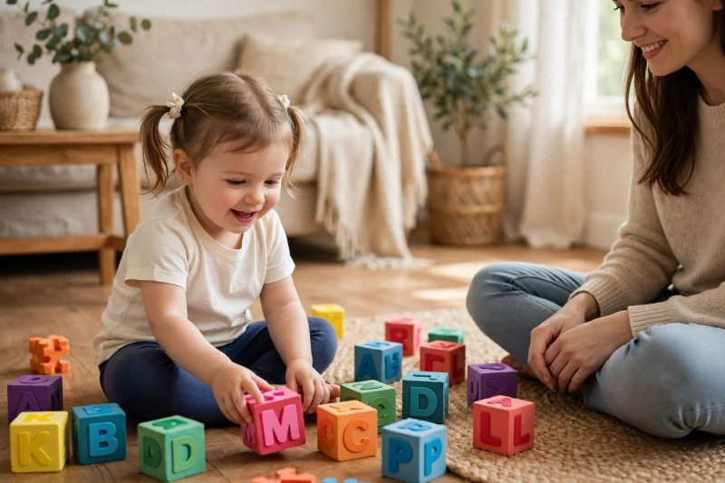 Toddler playing with chunky foam letter blocks on living room floor
