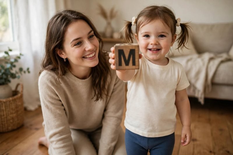 Proud toddler holding single wooden name-letter block with smiling parent