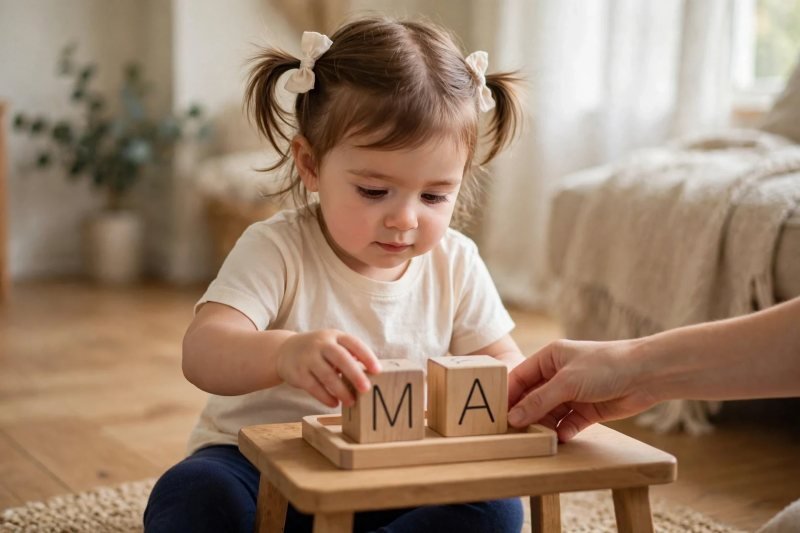 Toddler arranging uppercase wooden name-letter blocks M and A in row