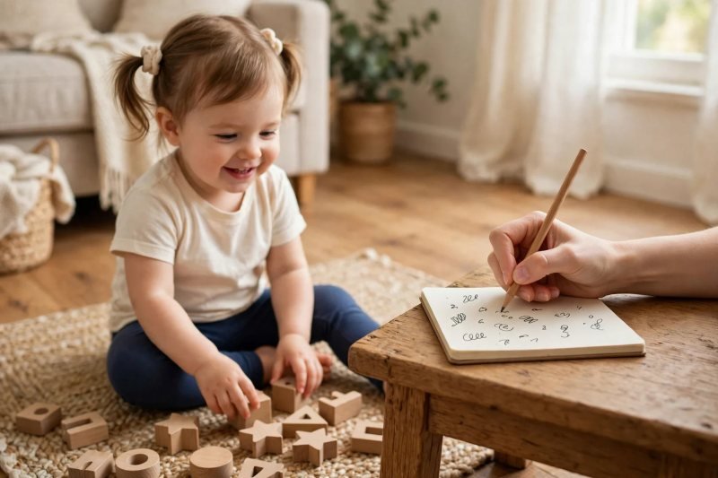 Parent jotting letter sighting in notebook while toddler plays nearby
