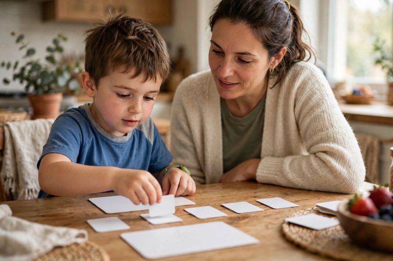 Five-year-old boy placing blank letter cards in front of a chunk card on a table.