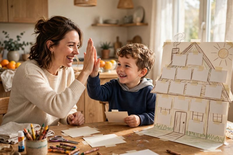 Mother and child exchanging a joyful high-five beside a completed paper word house.