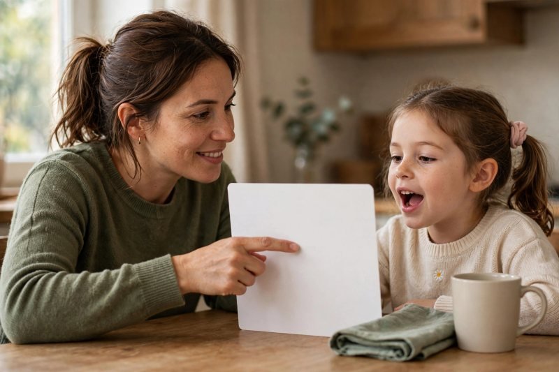 Mother pointing at a large blank card while her young daughter repeats the sound aloud.