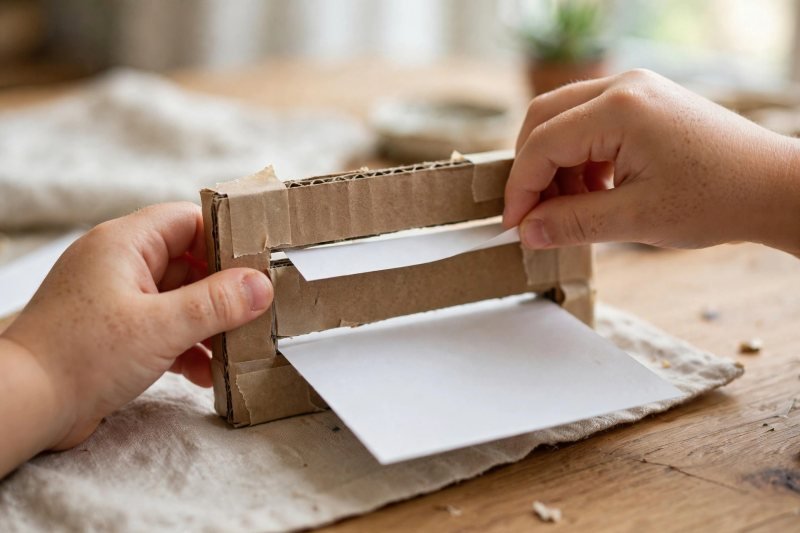Child sliding a blank onset strip against a card chunk on a homemade cardboard slider.