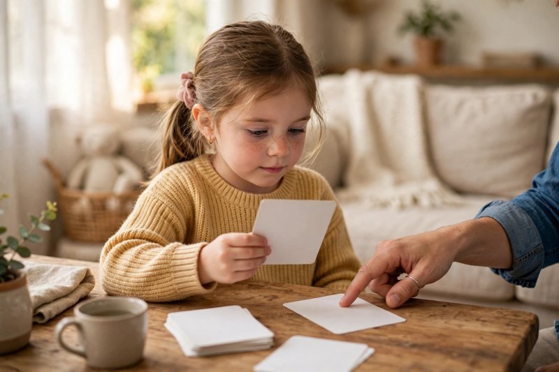 Young girl reading blank word cards one by one at a cozy living-room table.