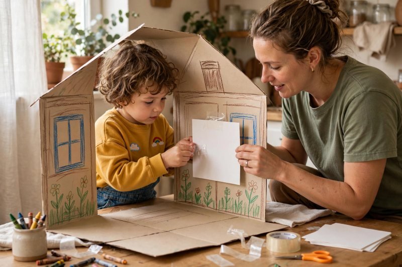 Child taping a blank word card inside a large hand-drawn paper house with a parent.
