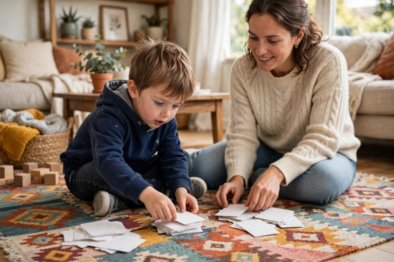 Five-year-old sorting blank word cards into two piles on a colorful rug.