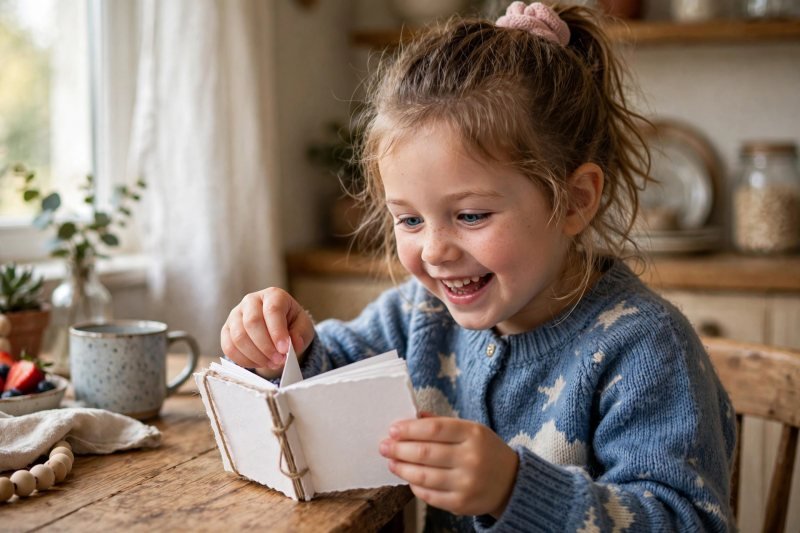 Child flipping pages of a small blank paper flip book at the kitchen table.