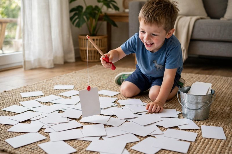 Boy catching a blank word card with a magnetic toy fishing rod over a rug.