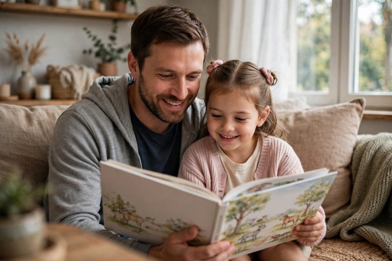 Father and daughter sharing a picture book, pages angled away from the camera.